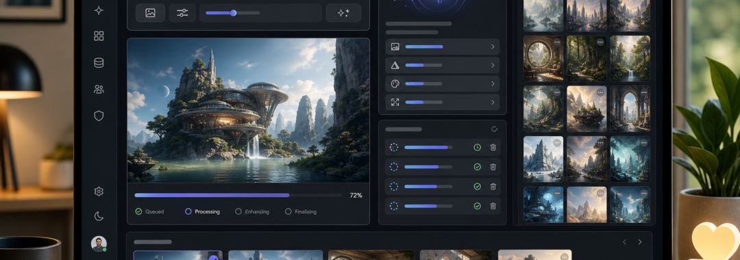 AI image editor interface with a futuristic landscape preview and generation progress at 72%