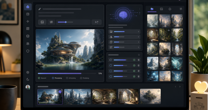 AI image editor interface with a futuristic landscape preview and generation progress at 72%