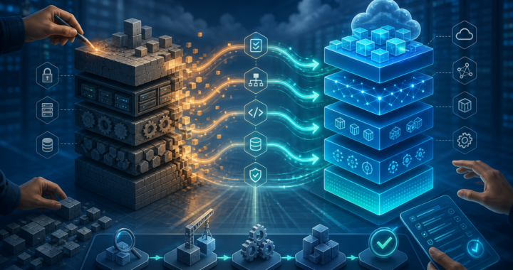 Cloud migration diagram showing data moving from a legacy server stack to a modern cloud platform